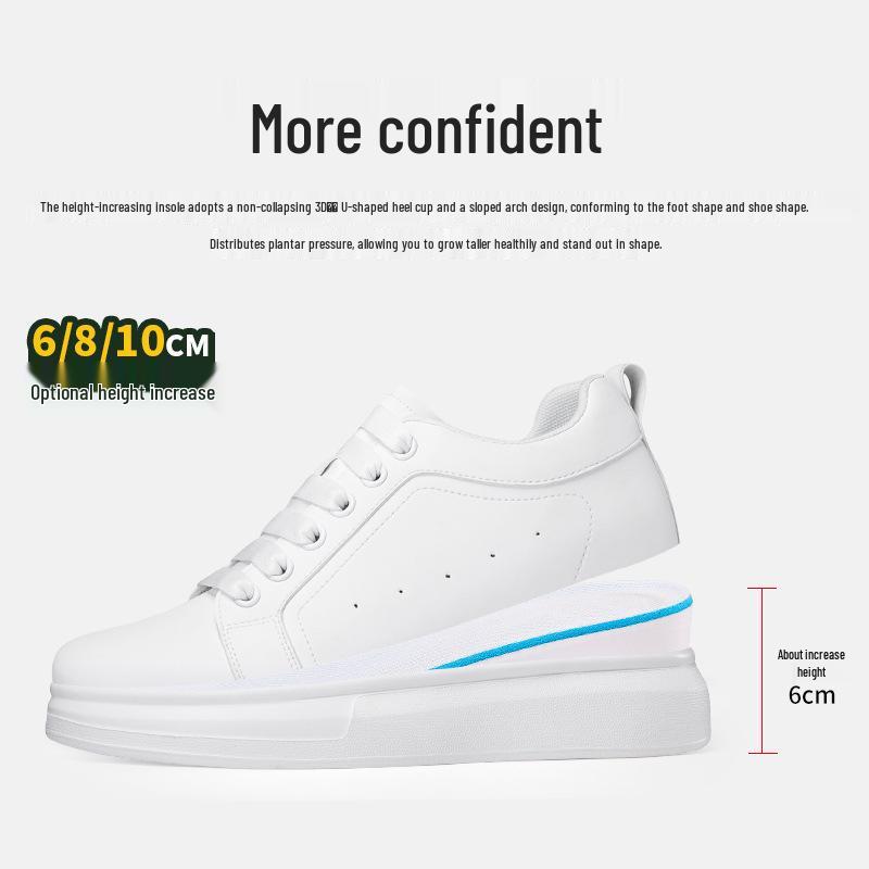 Men's White 8CM Height-Increasing Round Toe Microfiber Lace-up Casual Shoes with Thick Sole