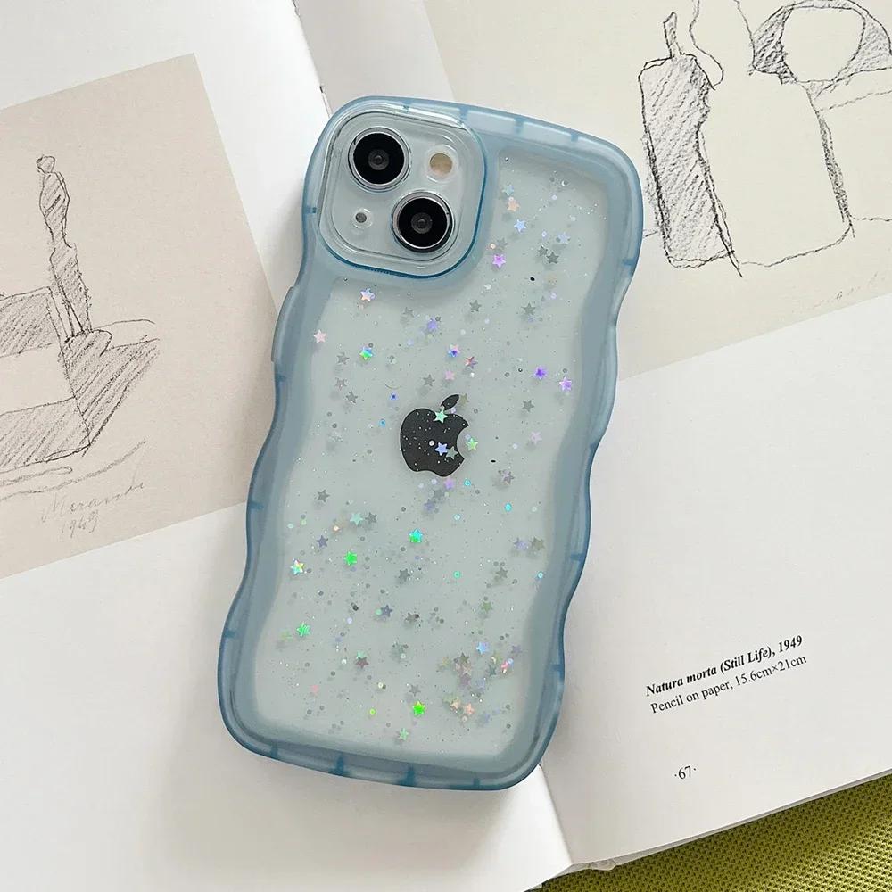 for iPhone 16 15 14 13 12 11 Pro Max Mini XR SE 7 8 Plus Case Cute Clear Drip Glue Star Curly Wave Hybrid Shockproof Soft Cover