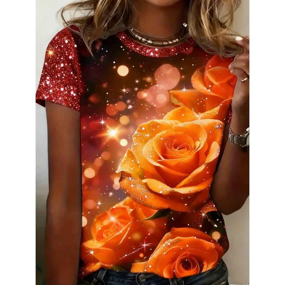 Damer Sommar Blommor Enkel Rosmönstrad Stor Lös Casual T-shirt Trendig Bekväm Mjuk Andningsbar Kortärmad T-shirt