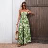 Damen Tropical Leaf Print Trägerloser Bindeband-Taille Locker Weiter Bein Urlaubs-Jumpsuit