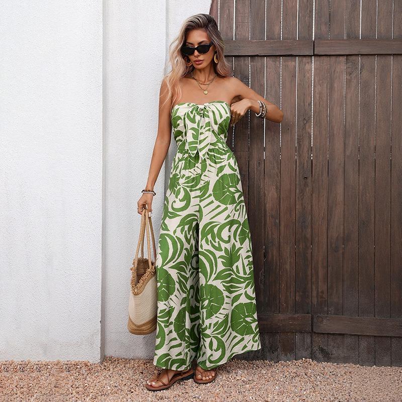 

Women Tropical Leaf Printed Strapless Tie Front Waist Loose Wide Leg Vacation Jumpsuit S зелёный