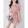 Women's Pink 2 Piece Outfit Short Sleeve Shirt And High Waist Shorts Set