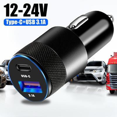 15W Fast Charging DC12-24V Type-C USB3.1A Dual Output Universal USB+PD Car Charger with LED Translucent Display for 12V-15V Cars