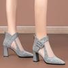 Fashion 2025Square Heel Cool Boots Summer New Pointy Splicing Mesh Fabric Back Zipper Anti-slip Wear-resistant Short High Heels