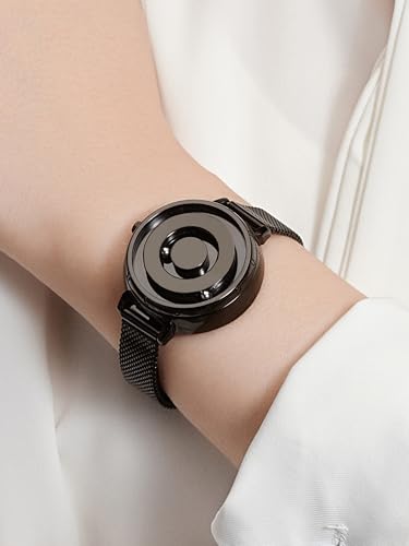 EUTOUR Women's Magnetic Quartz Watch, Minimalist Casual Analogue Watch, Stylish, Waterproof, 36mm, Black Dial, Black Stainless Steel Band, Mesh Strap