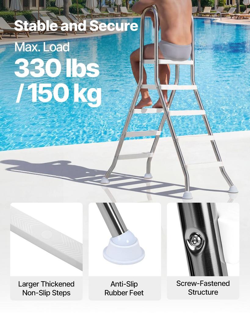 Above Ground Pool Ladder, Stainless Steel A-Frame Swimming Pool Stairs for 125 cm High Wall, 150 kg Capacity Heavy Duty Entry/Exit Steps with Secure
