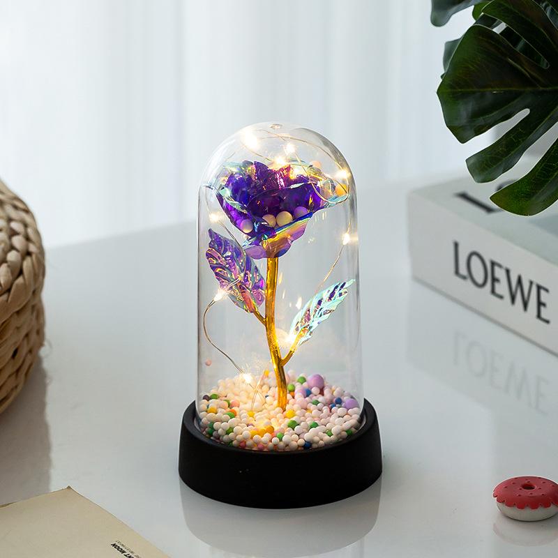 LED Gold Foil Rose with Crystal Glass Cover - Light-up Preserved Flower Ornament for Valentine's Day or Christmas Gift