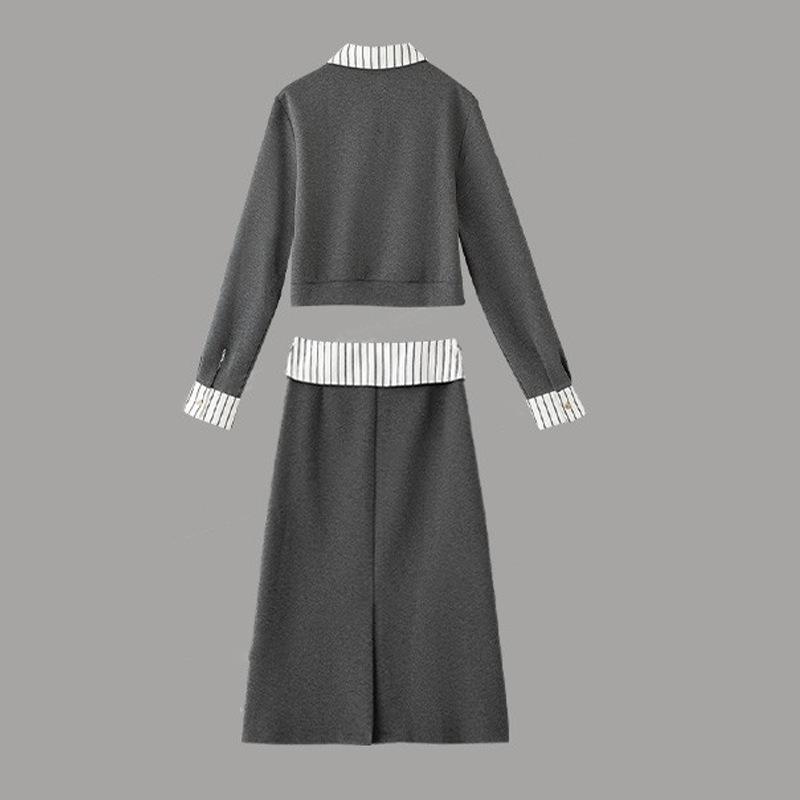 Internet Celebrity Patchwork Shirt Collar Sweatshirt & Midi Skirt Set for Women - Autumn Casual Two-Piece Ensemble