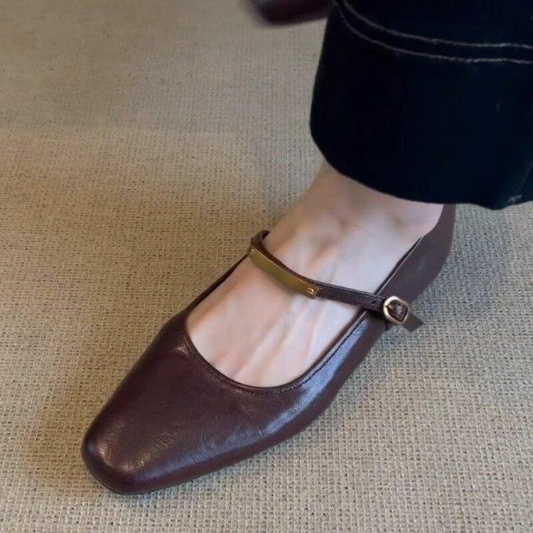 Shallow Mouth One-word Buckle Black Mary Jane Shoes Women's Retro Flat Bottom Comfortable Versatile Square Head Small Single Shoes