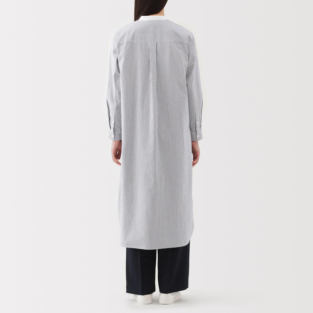 MUJI Women's Washed Broad Stand Collar Long Sleeve Dress, Dark Navy Stripe, Size L, BC2LUA5S