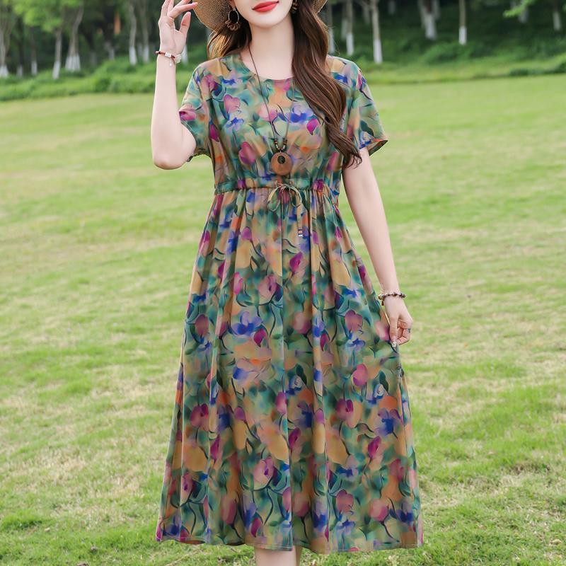 Plus Size Women's Long Dress Summer  Short Sleeve Vintage Print Dress for Women