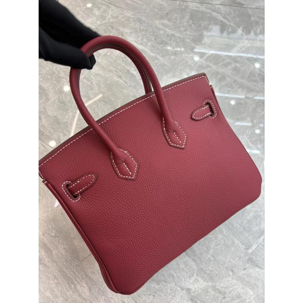 Factory Direct Wholesale Lychee Pattern First Layer Cowhide 25cm/30cm Silver Buckle Platinum Bag, Genuine Leather Women's Bag Lady