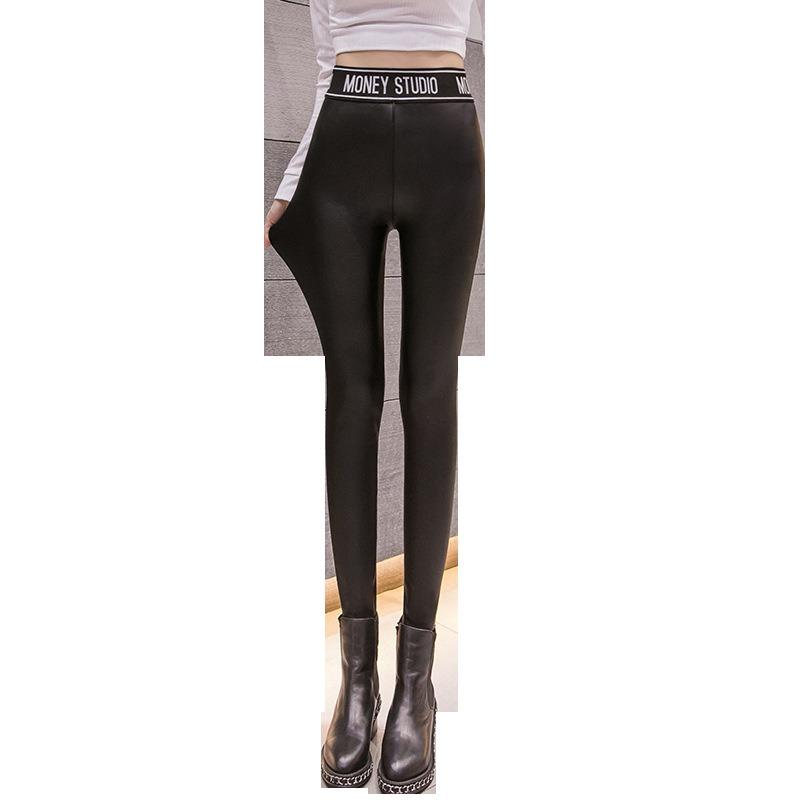 Knee hole lace rivet pu imitation leather leggings personalized slim-fitting high-waisted nine-point pants