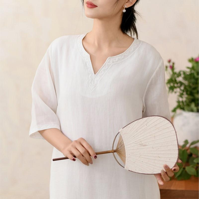 Johnature Women Vintage Embroidery Floral Dresses Half Sleeve Solid Color Summer A-Line Dresses
