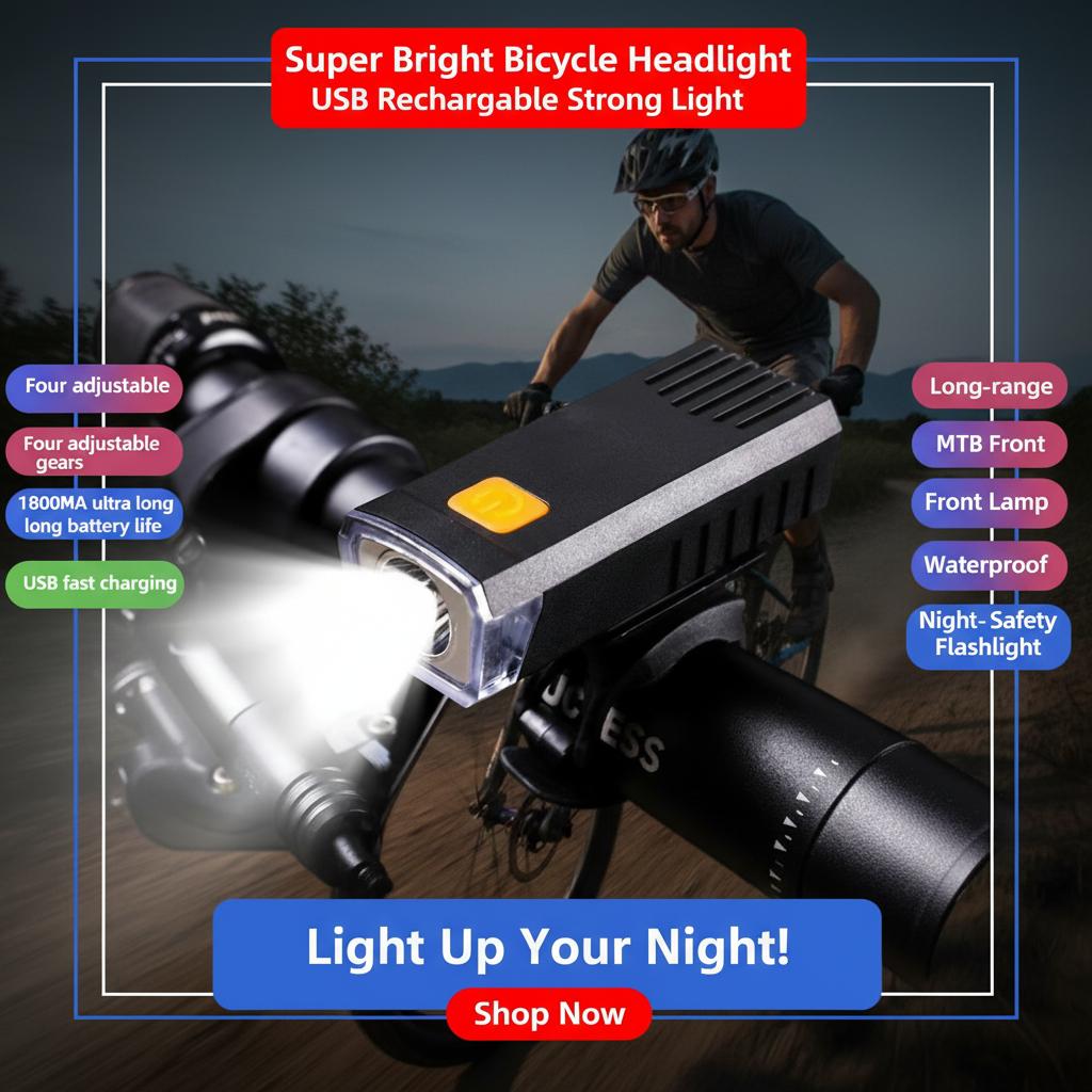 Super Bright Bicycle Headlight USB Rechargeable Strong Light Long-range MTB Front Lamp Waterproof Night Riding Safety Flashlight