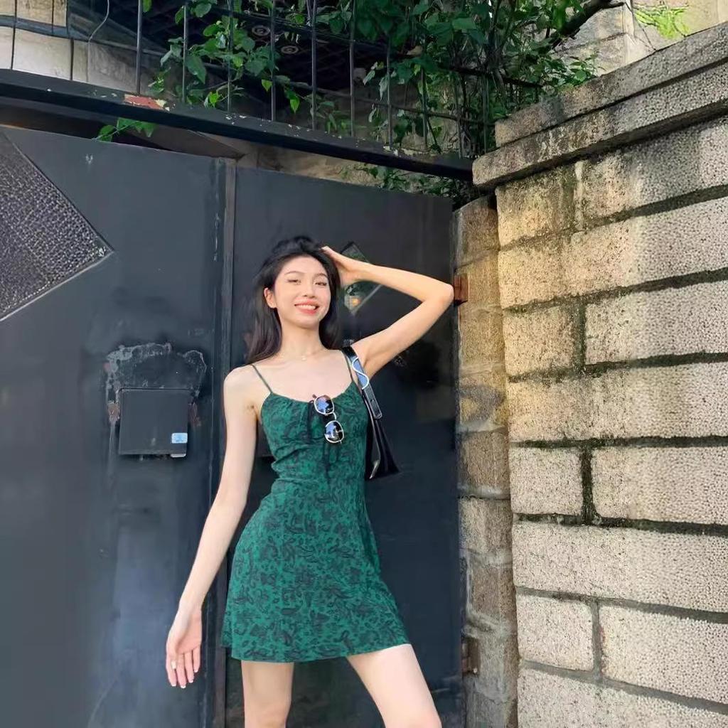 Women's Dark Green Retro Floral French-Style Sleeveless High-Waist Slim Fit Mini Dress for Spring & Summer