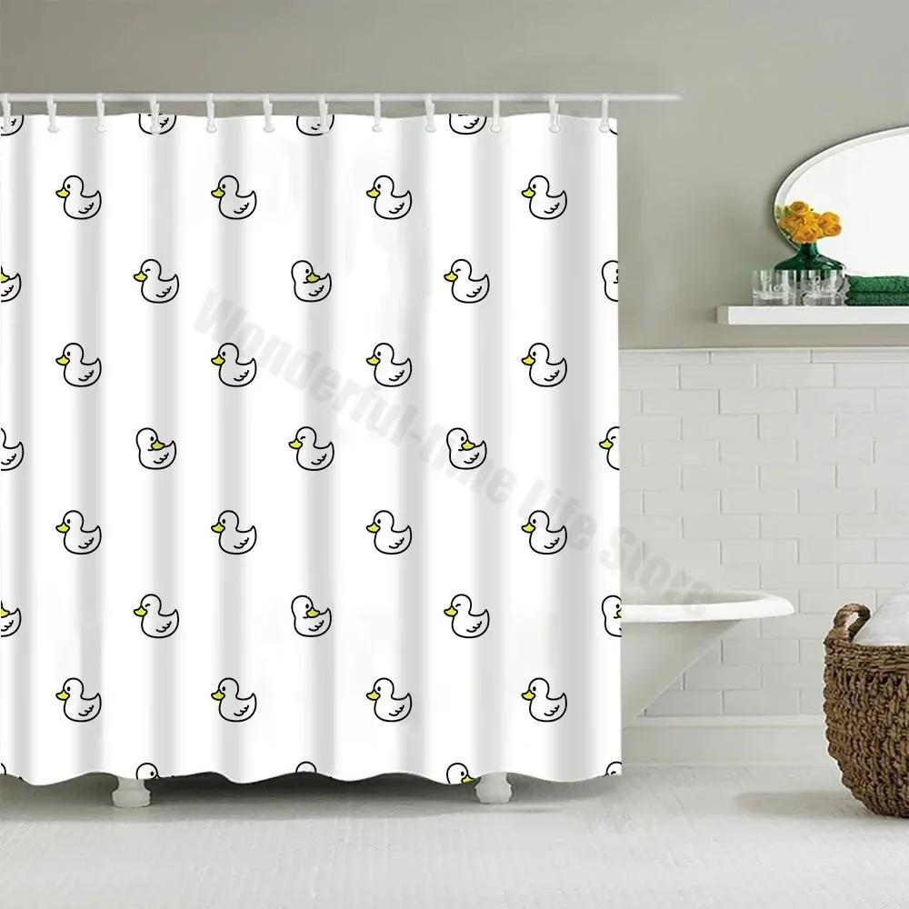 Cute Little Yellow Duck Shower Curtain Cartoon Funny Smiley Face Bathroom Waterproof Bath Duck Fabric 12 Hooks Bathroom Decor