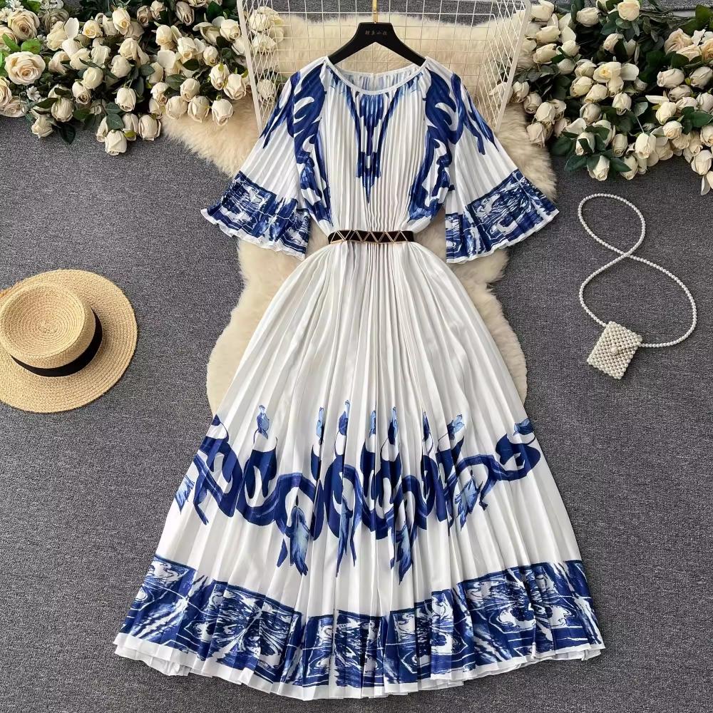 Summer Beach Leopard Print Miyake Oversized Dress Women Clothing Flare Sleeve Belt Big Swing Pleated Loose Long Robe
