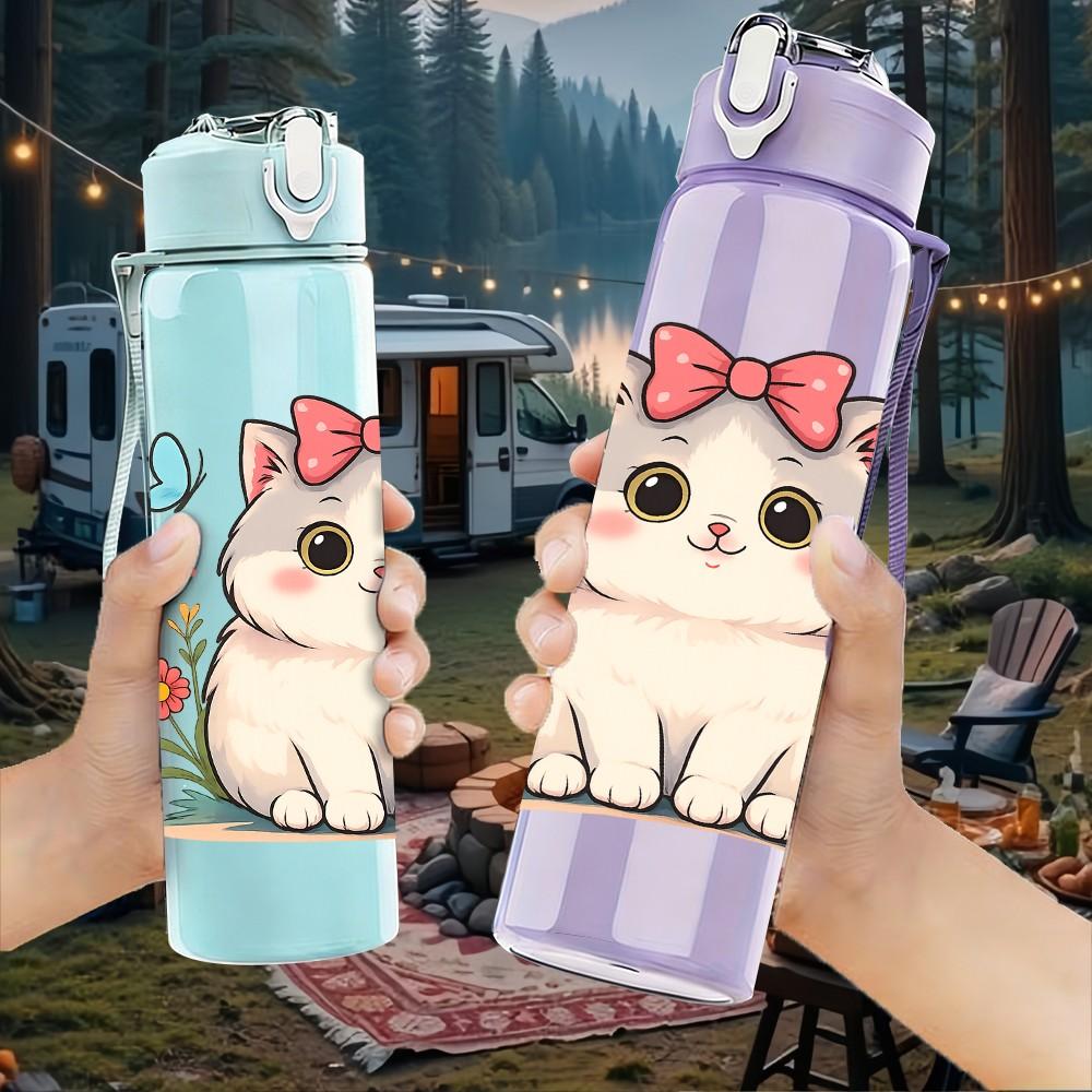 1PC White Cat Flower Bow 750ml Color Plastic Sports Water Bottle Leakproof Flip Straw Lid Suitable for Sports Office Home Use