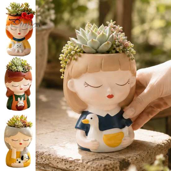 Decorative Resin Desktop Accessory Cute Head Planter, Succulent Little Girl Flower Pot, Human Plant Pot for Office Face Cactus Plants Container,