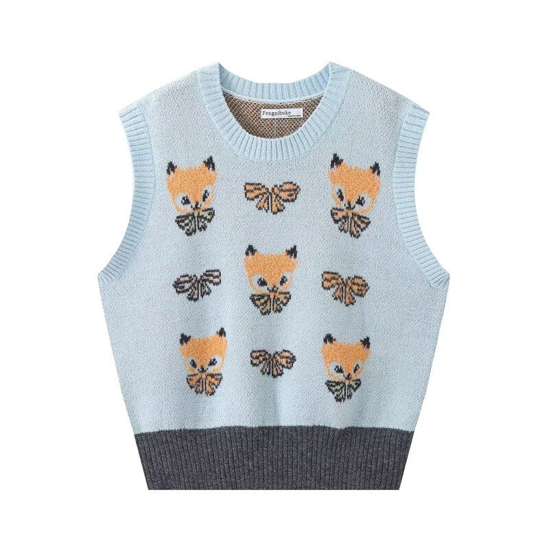 Fashion Wind 2023 Fall and Winter New Arrival Female Animal Jacquard Loose-Fitting Sweet Knitting Vest Jacket 9898390