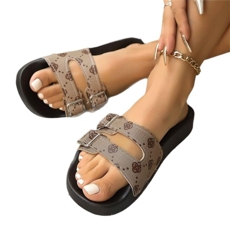 Foreign Trade Large Size Summer New Thick-soled Cool Slippers Women's European and American One-word with Double Buckle Outer Wear Women's Shoes