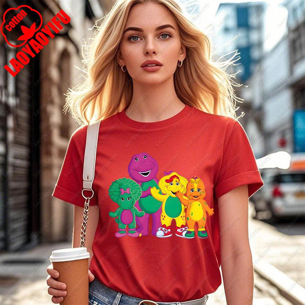 Kawaii Cartoon Animation Dinosaur Barney  Friends Print Unisexs Womens Cotton Tshirt Fashion Trend Street Casual Summer Tops