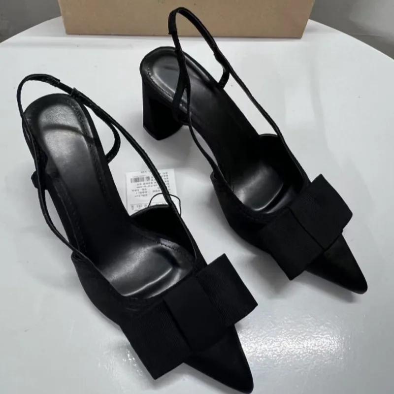 Pointed Toe Women Shoes Woman 2025 Spring Black Retro Bow Decoration High Heels Shallow Slingbacks Elegant Ladies Pumps