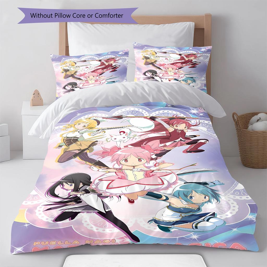 Puella Magi Madoka Magica Vzorované povlečení, Sada přikrývek Povlak na přikrývku Povlak na polštář Domácí dárek k narozeninám (1 * povlak na peřinu + 2 * povlak na polštář, bez jádra)