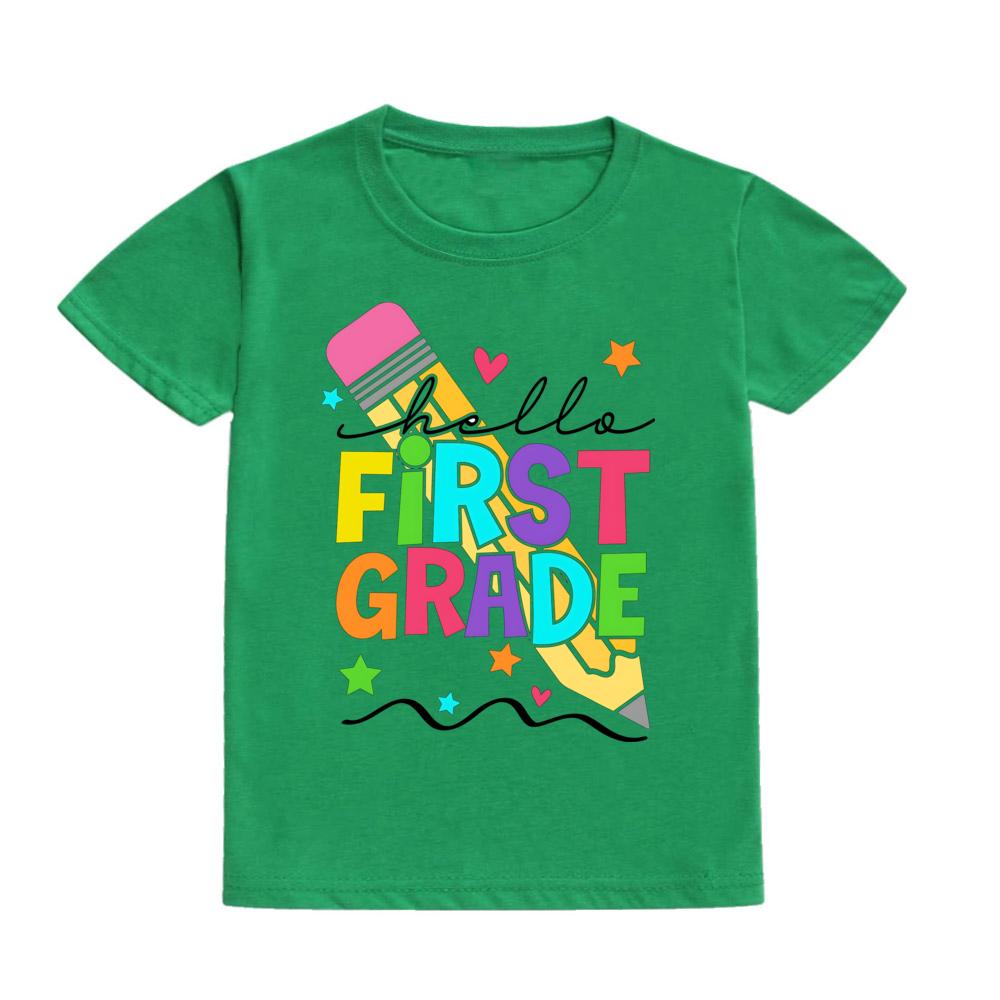 Hello First Grade Summer Children's Top Pencil Pattern Printed Short Sleeve Shirt Kids Back To School Shirts Clothes