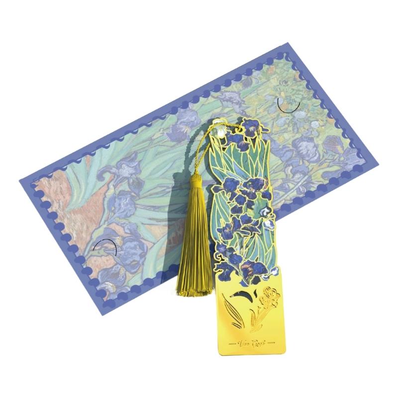 Oil Painting Metal Bookmarks with Tassels Book Page Marker Hollowed Flower Engraved Bookmarks Gifting for Book Lover