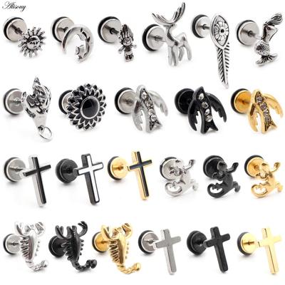 Alisouy 2ks Nerezová ocel Delfín Ještěrka Sun Moon Cross CZ Ženy Muži Náušnice do uší Tragus Helix Piercing do chrupavky Šperky