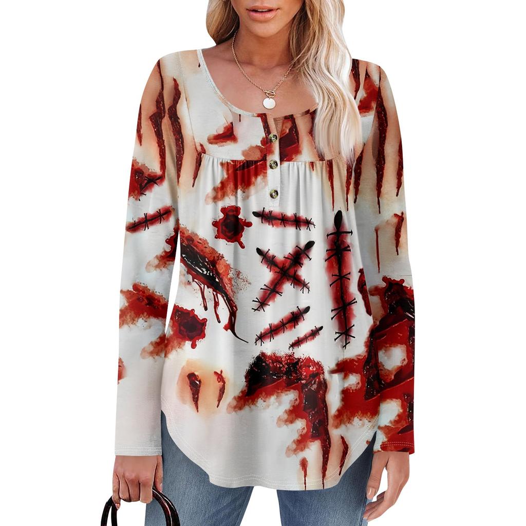 Dam Tunika Långärmad Lös Toppar Casual Oversized Toppar Plisserad Tunika Knäppning Casual Dam Tryckta Toppar