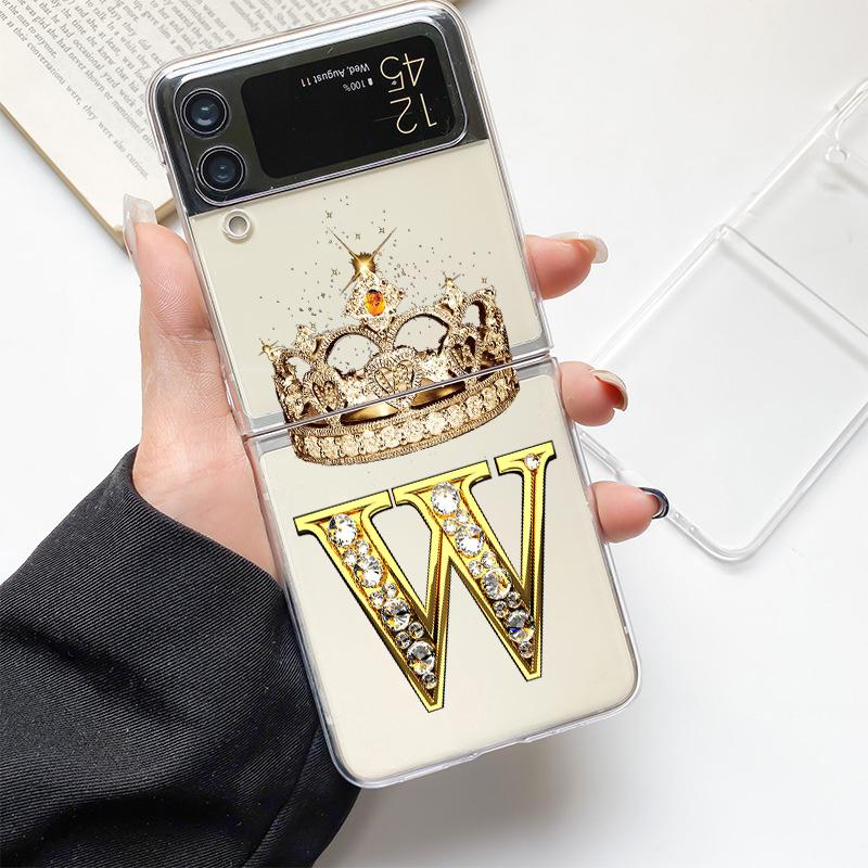 Diamond Crown Letter 26 Letters Phone Case For Samsung Z Flip 3 4 5 6 fold High Hard PC For Galaxy Z Flip 3 5 6 Clear Cover