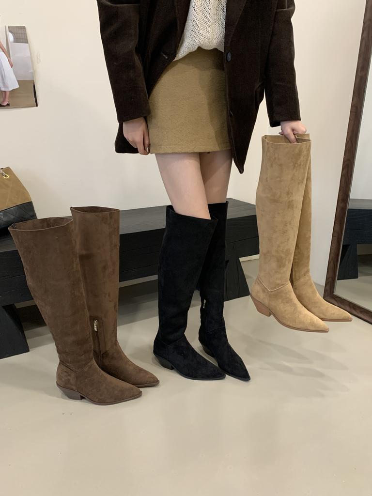 2025 Autumn and Winter New Big Tube Circumference Pointed Toe Over Knee Boots Thick Heel High Boots Medium Heel Boots Stacking Boots