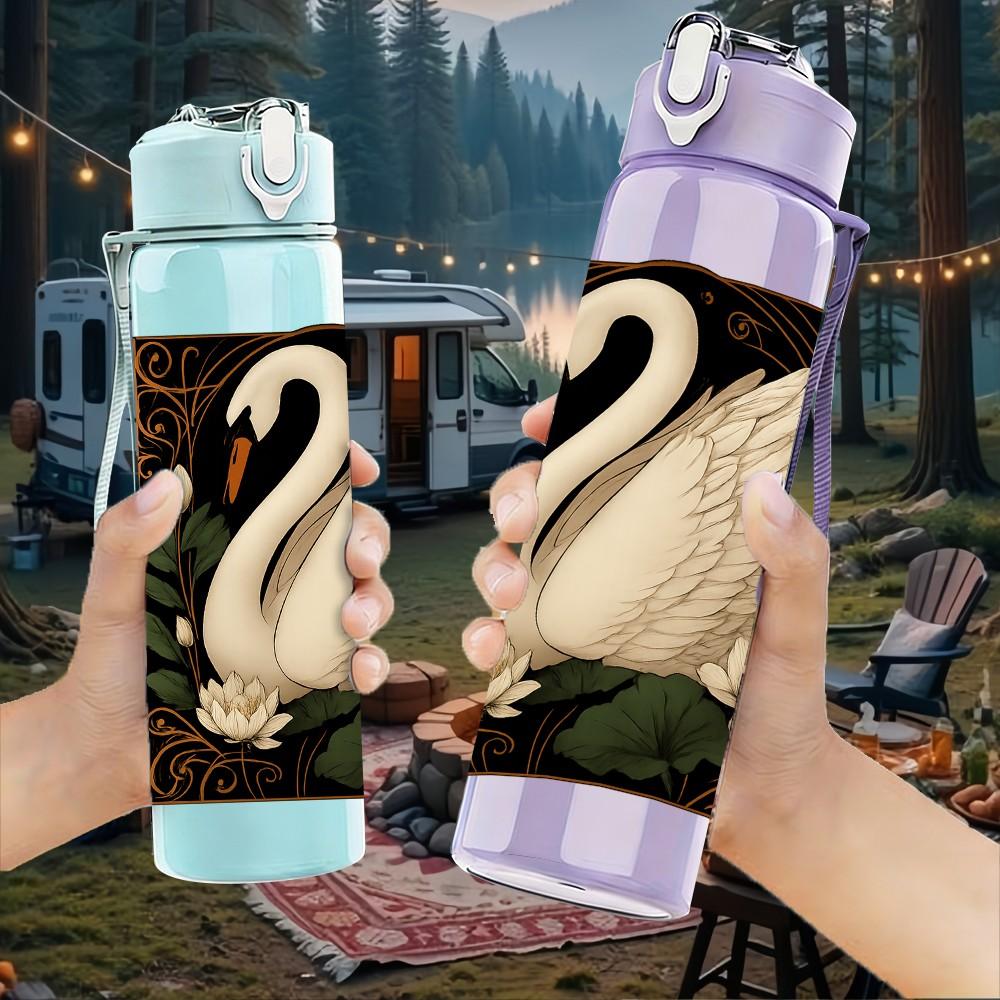 1PC White Swan Lake Water Scene Print 750ml Color Plastic Sports Water Bottle Leakproof Flip Straw Lid Suitable for Sports Office Home Use