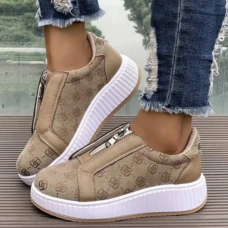 Embroidered Flowers Platform Sneakers Women Front Zipper Thick Sole Vulcanized Shoes Woman Brand Design Fashion Chunky Sneakers