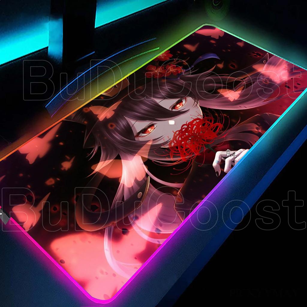 Cute Girl Genshin Impact RGB Mouse Pad Hu Tao Mousepad Kawaii Table Large Size Computer Mats Anime Keyboard E-Sports Accessories