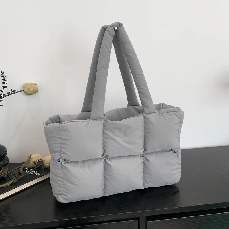 Quilted Plaid Bag Women Tote Handbags Retro Trendy Checkered Waterproof Shoulder Bag Solid Color Winter Soft Large Capacity Bags