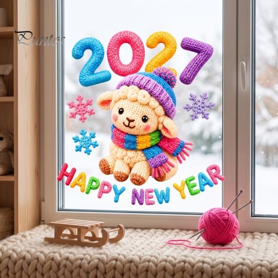 Commercial Store New Year Decor Chinese Window Stickers, 2027 Goat Static Clings, Reusable Winter Theme Decals Crochet Knit Lamb Decals, for Home Shop