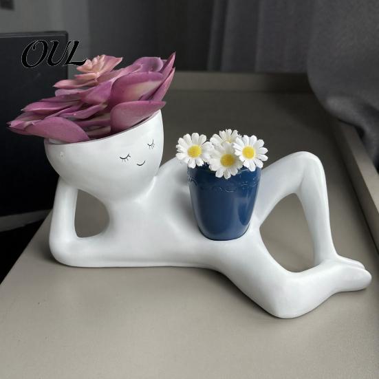 Fun Housewarming Gifts for Plant Lovers Funny Smiling Face Planter, Lying Down Lazy Guy Pot with Drainage Playful Planter Small Plants Holes,