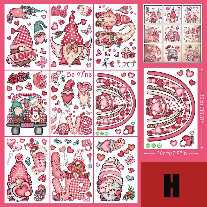 9pcs Valentine's Day Gnomes No Glue Static Sticker Window Glass Refrigerator Sticker