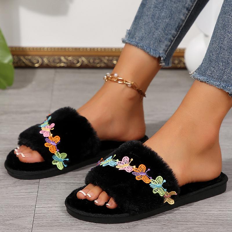 Fashion Embroidery Buttery Fur Slippers for Women Black Faux Fur Cotton Slippers Woman Winter 2025 Indoor Slip On Flat Heel Slides Mujer