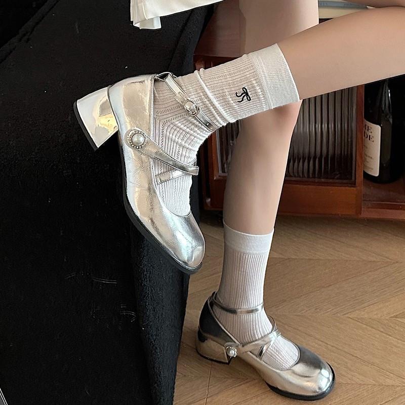 Silver single shoes retro square head Mary Jane shoes college style small leather shoes elegant