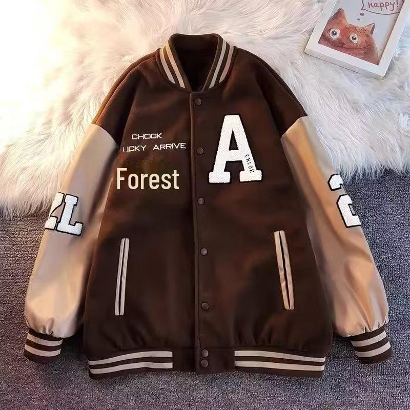 

Мужская бейсбольная куртка в стиле ретро на осень кофейного цвета с вышитыми буквами и полотенцем, дизайн сращивания для пар. Large