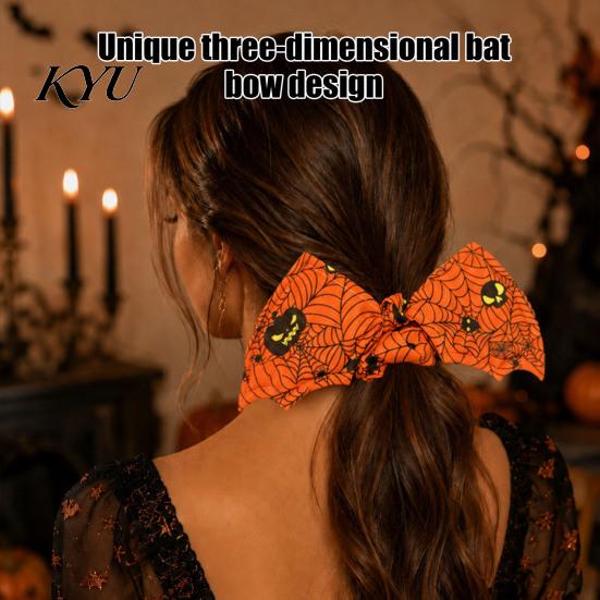 Halloween Hair Ties for Women Bat Shape Scrunchies Girls, Soft Elastic Ponytail Holders with Spooky Pumpkin/Spider Web/Black Cat Prints Holiday Party