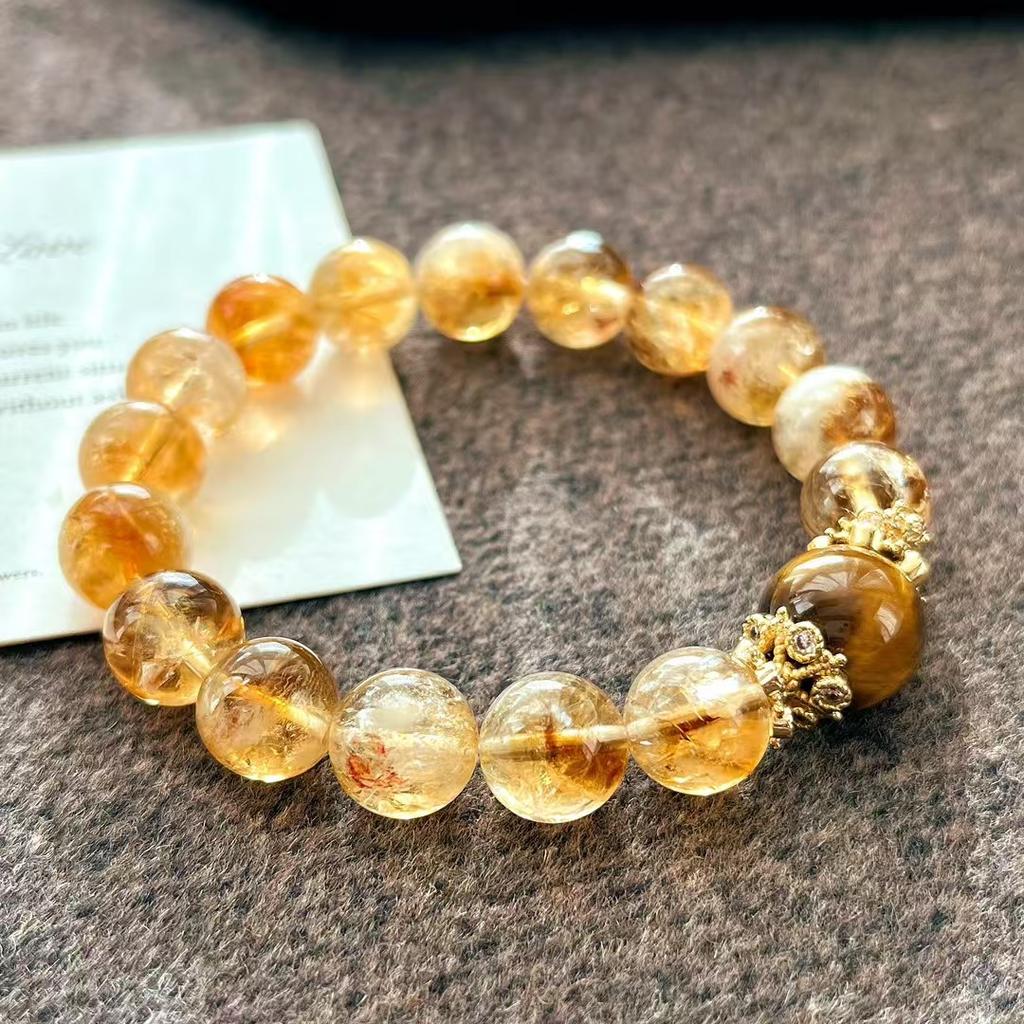 10Mm Retro Natural Citrine Yellow Tower Crystal Bracelet Beaded Bracelet Tiger Eye Stone Light Luxury Jewelry