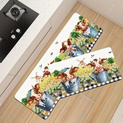 1Pcs Watercolor Farm Cute Cow Sunflower Printed Kitchen Mat Soft Thickened Kitchen Floor Mat Waterproof Non-slip Oil-proof Floor Mat Runner Rug