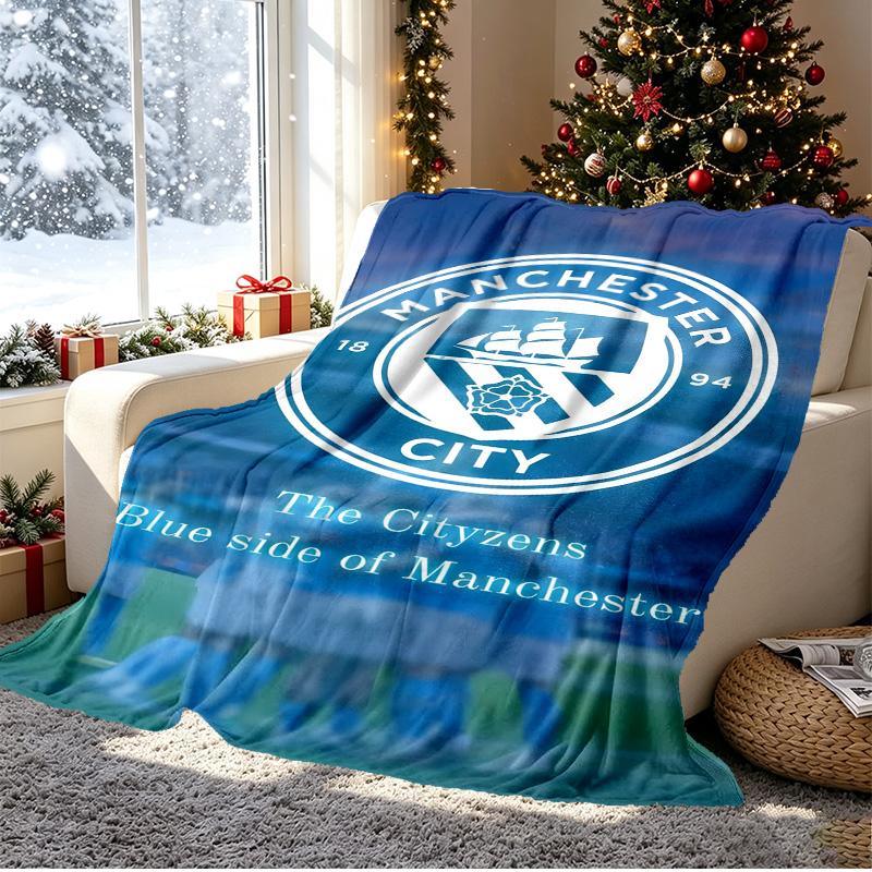 Manchester City FC Pattern Blanket for Home Decoration, Bed, Sofa, Car Travel, Camping, Suitable for All Seasons, Birthday Christmas Gift
