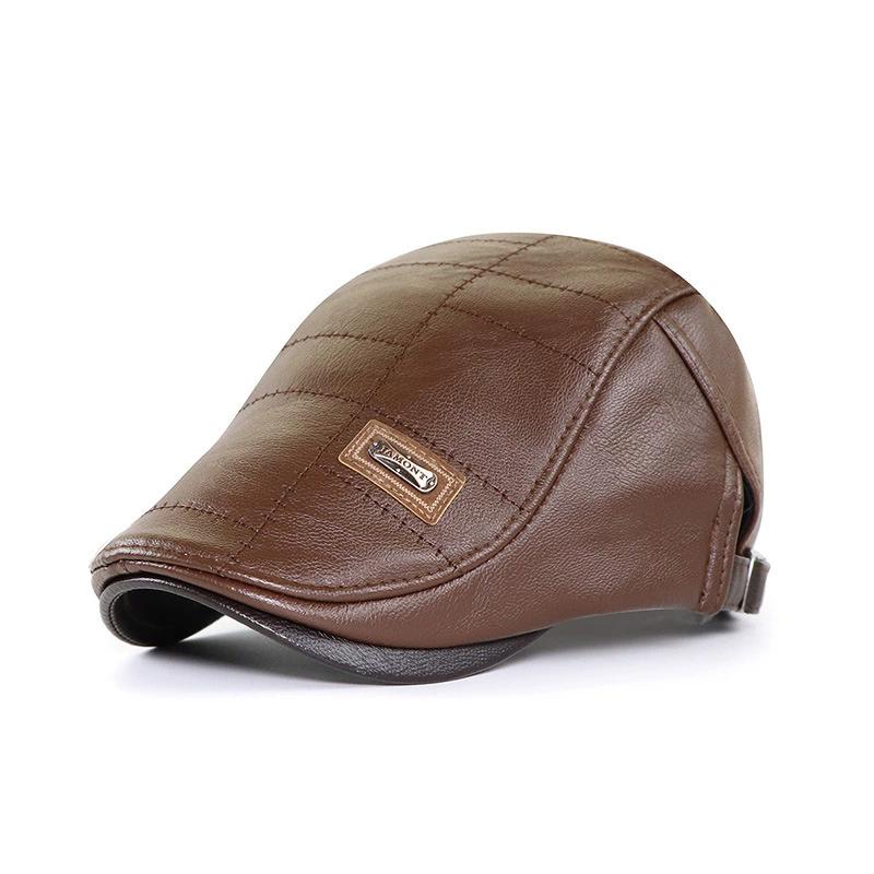 Pu Leather Beret Hat Men Autumn Winter Faux Leather Duckbill Newsboy Cap Herringbone Middle-Aged Men S Flat Peaked Cap For Dad Adjustable 56to60cm